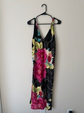 Natori Botanical Floral Peony V-Neck Slip Dress in Black Fuchsia NWOT Medium